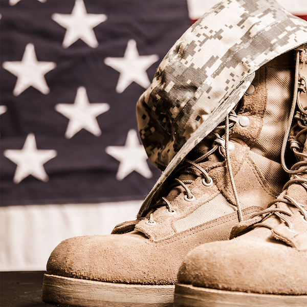 Veterans Link Button Image -  military boots in front of a US flag
